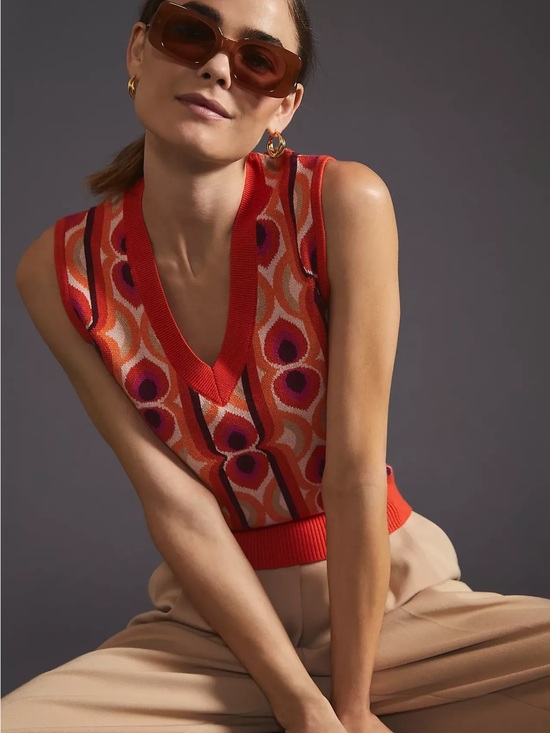 Maeve Sweaters - Maeve Coral and Pink Knit V-Neck Vest